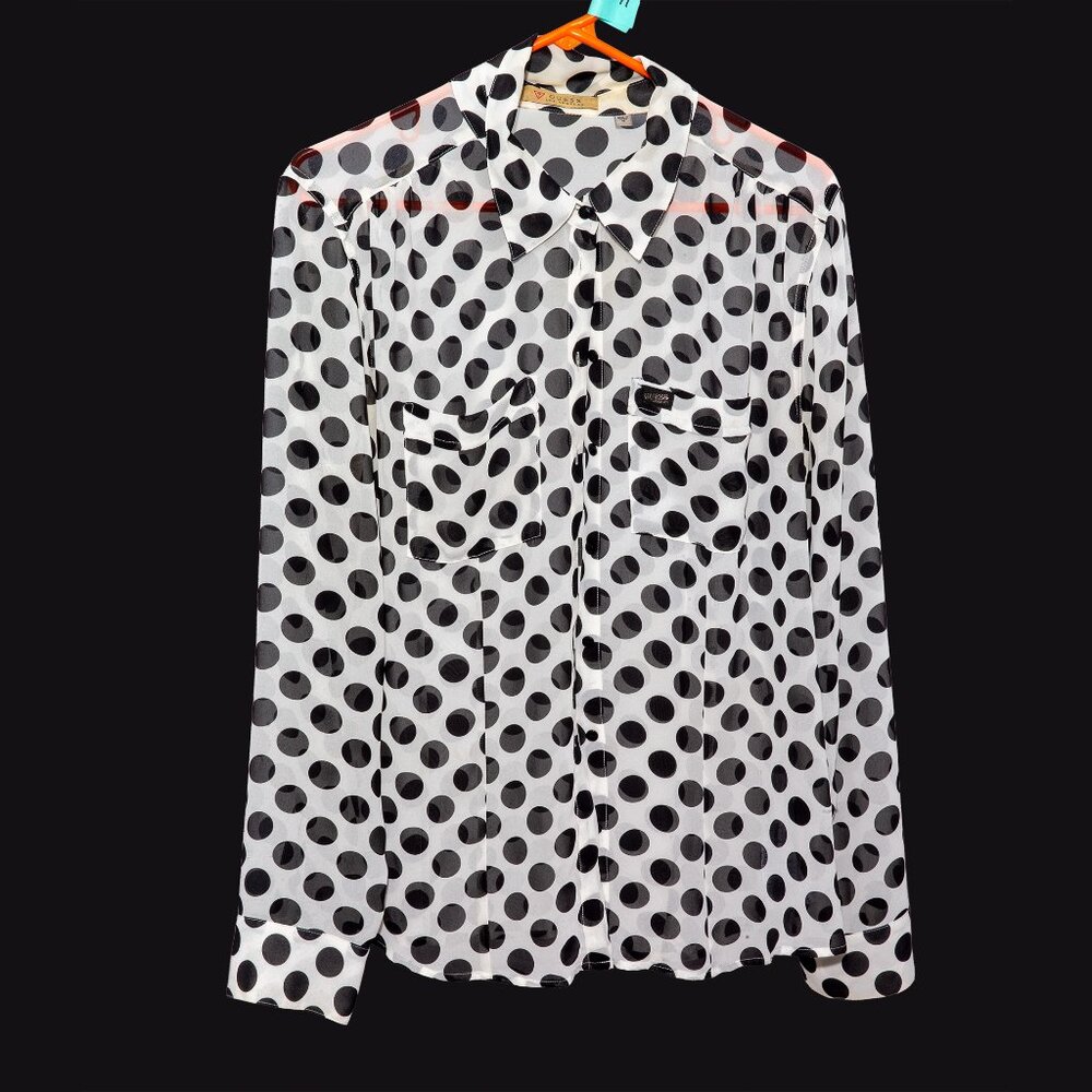 Guess Women’s Top Black White Polka Dots Button Up Long Sleeve Chiffon